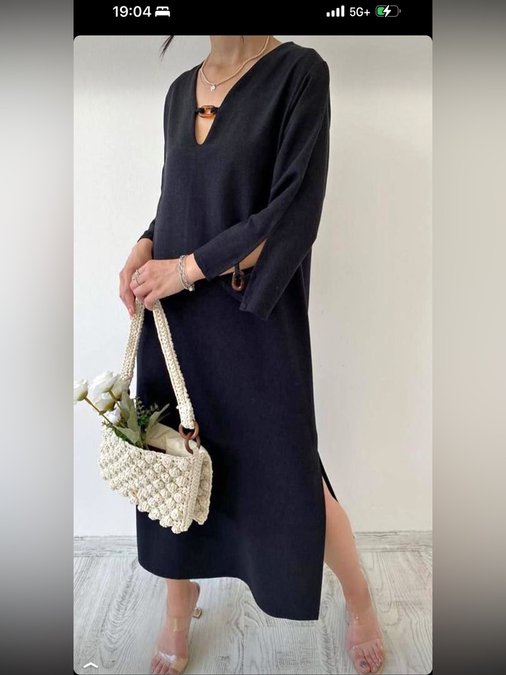 Black V‑Neck Long Sleeve Midi Dress with Tortoiseshell Accent 100% linen
